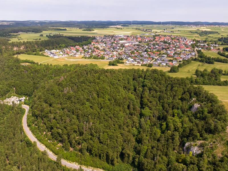 Ein Luftbild von oben mit Wald
